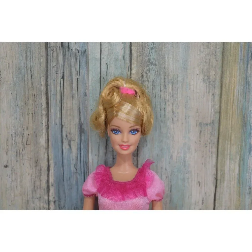 Barbie Doll Blonde Hair Updo Blue Eyes Pink Dress Ruffle Top Hearts Music Outfit